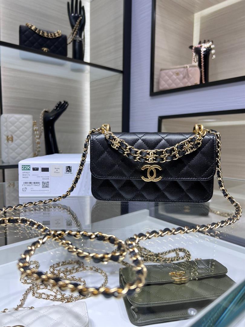 Ohanel 22K New Product French Stick Bag Double Chain Mobile Phone Bag Caviar carrying and crossbody