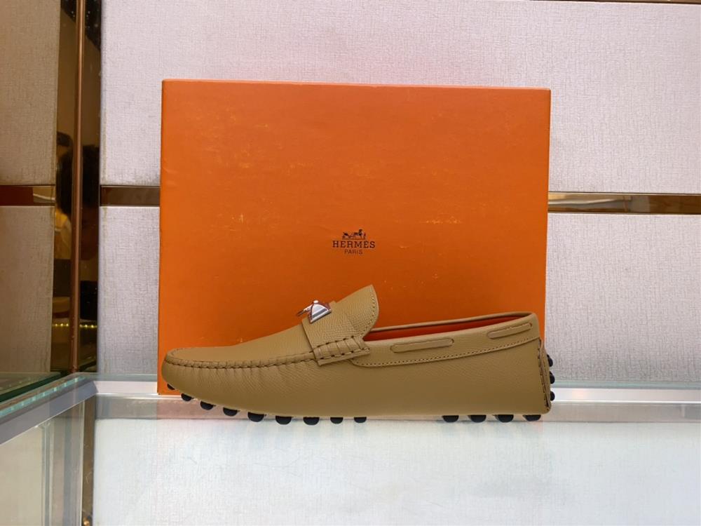 Original Single Quality Counter New Hermes Pure Handmade Driving Mens Shoes Bean Shoes Footwear Slippers Lazy Shoes Exquisite Handmade Sewing W